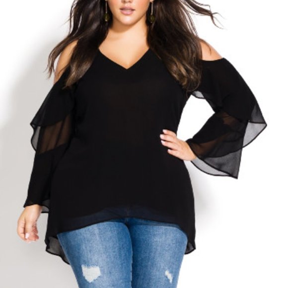City Chic Tops - Hi Lo Cold Shoulder Top City Chic Plus Size 16